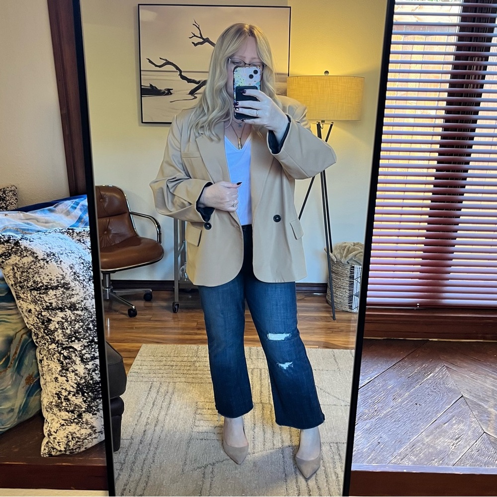 Zara Beige Double-Breasted Blazer Join Life jacket sz L pleated sleeve camel